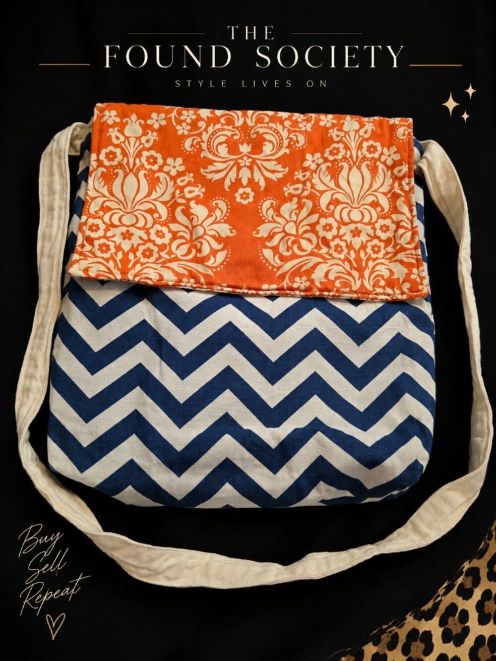 Orange Damask Navy Chevron Fabric Crossbody Shoulder Bag